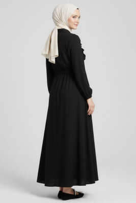 Yaka Fırfırlı Bel Tünelli Elbise Siyah - Elbise