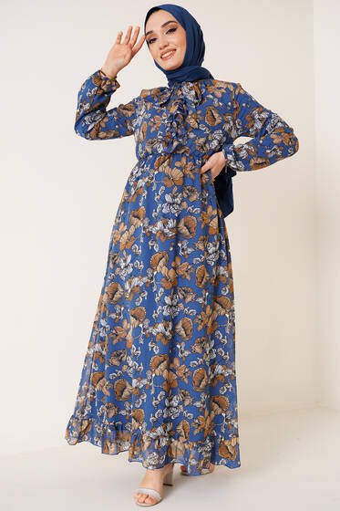 Yaka Fırfırlı Çiçek Desenli Şifon Elbise İndigo - Tesettür Elbise
