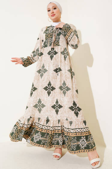 Yaka Fırfırlı Desenli Bilek Lastikli Elbise Haki - Elbise