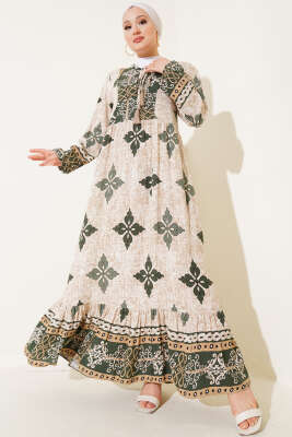 Yaka Fırfırlı Desenli Bilek Lastikli Elbise Haki 