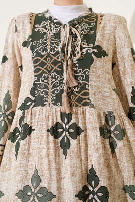 Yaka Fırfırlı Desenli Bilek Lastikli Elbise Haki - Tesettür Elbise