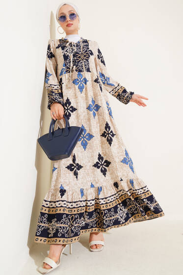 Yaka Fırfırlı Desenli Bilek Lastikli Elbise Lacivert - Elbise