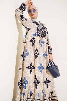 Yaka Fırfırlı Desenli Bilek Lastikli Elbise Lacivert - Tesettür Elbise