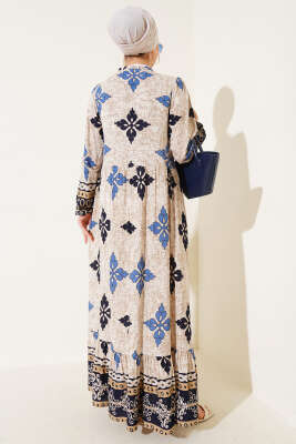 Yaka Fırfırlı Desenli Bilek Lastikli Elbise Lacivert - Tesettür Elbise