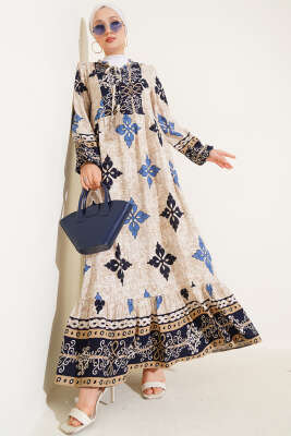 Yaka Fırfırlı Desenli Bilek Lastikli Elbise Lacivert