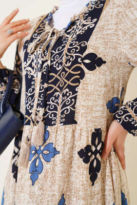 Yaka Fırfırlı Desenli Bilek Lastikli Elbise Lacivert - Tesettür Elbise