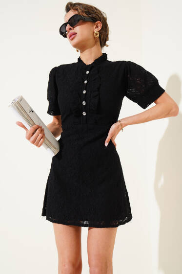 Yaka Fırfırlı Düğmeli Dantelli Mini Elbise Siyah - Kadın Giyim Modelleri