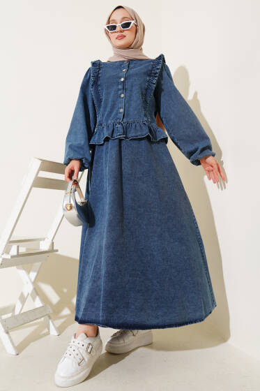 Yaka Fırfırlı Etekli İkili Takım Kot Mavisi - İkili Takım