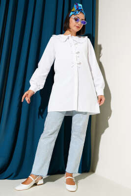 Yaka Fırfırlı Fiyonklu Tunik Beyaz - 300-500 TL Ürünler