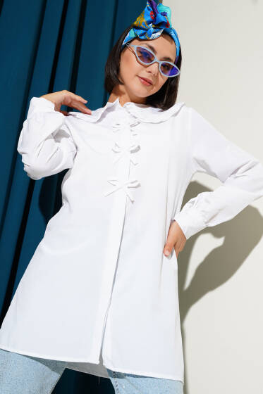 Yaka Fırfırlı Fiyonklu Tunik Beyaz - Tunik