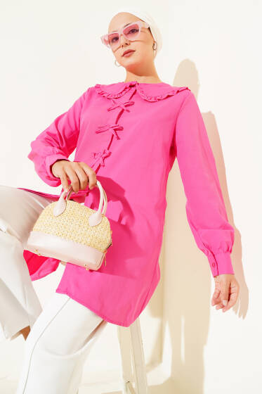 Yaka Fırfırlı Fiyonklu Tunik Fusya - Tunik