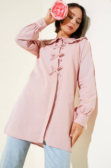 Yaka Fırfırlı Fiyonklu Tunik Pudra - Tunik