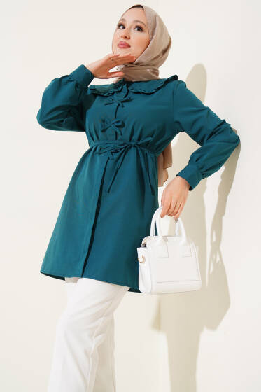Yaka Fırfırlı Fiyonklu Tunik Zümrüt - Tunik