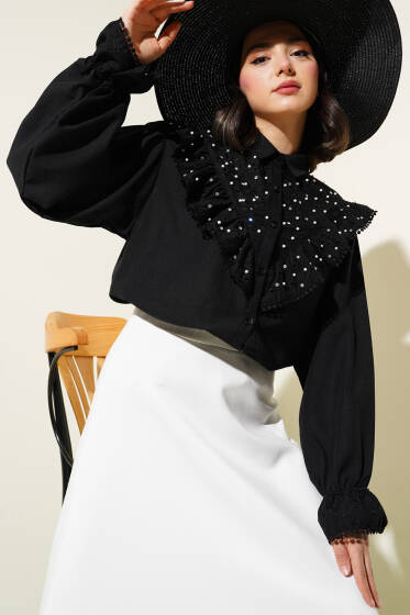 Yaka Fırfırlı İncili Brodeli Gömlek Siyah - Gömlek