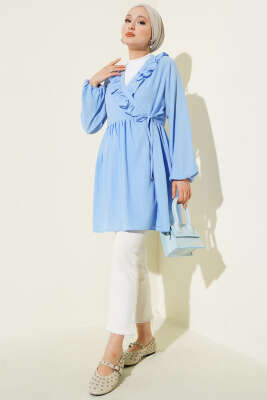 Yaka Fırfırlı Kabartma Çizgili Kimono Mavi - 300-500 TL Ürünler