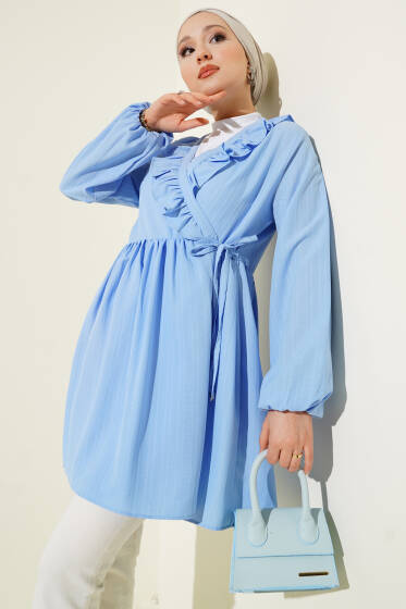 Yaka Fırfırlı Kabartma Çizgili Kimono Mavi - Dış Giyim&Mont