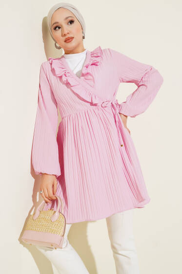 Yaka Fırfırlı Kabartma Çizgili Kimono Pembe - Dış Giyim&Mont