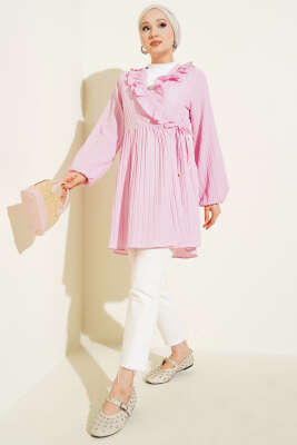 Yaka Fırfırlı Kabartma Çizgili Kimono Pembe - Dış Giyim&Mont
