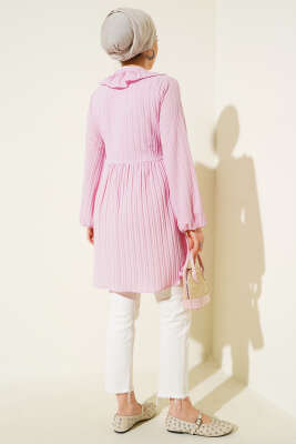 Yaka Fırfırlı Kabartma Çizgili Kimono Pembe - Dış Giyim&Mont