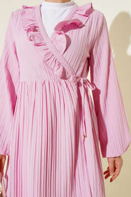 Yaka Fırfırlı Kabartma Çizgili Kimono Pembe - Dış Giyim&Mont