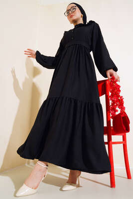 Yaka Fırfırlı Kat Elbise Siyah - Thumbnail