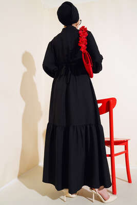 Yaka Fırfırlı Kat Elbise Siyah - Thumbnail