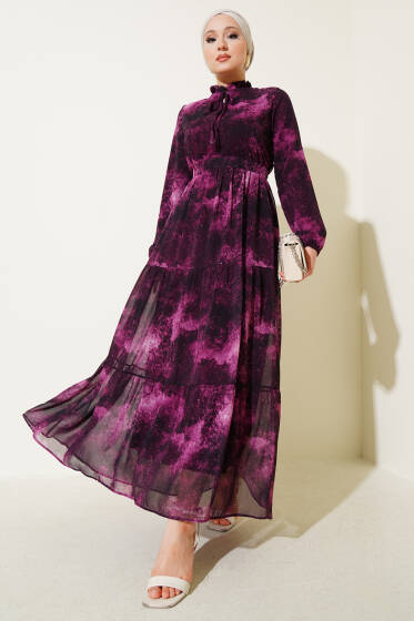 Yaka Fırfırlı Kuşaklı Şifon Elbise Fusya - Elbise
