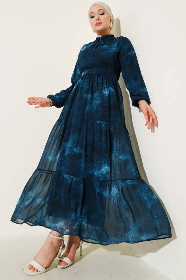 Yaka Fırfırlı Kuşaklı Şifon Elbise Petrol - Elbise