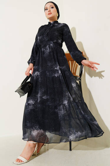 Yaka Fırfırlı Kuşaklı Şifon Elbise Siyah - Elbise