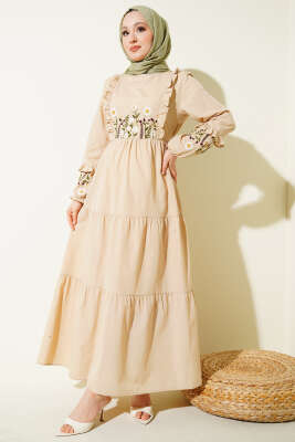 Yaka Fırfırlı Nakışlı Poplin Elbise Bej - Elbise