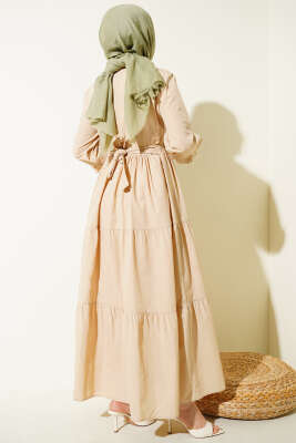 Yaka Fırfırlı Nakışlı Poplin Elbise Bej - Elbise