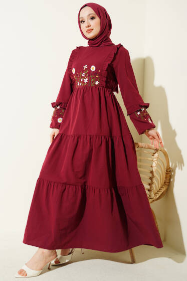 Yaka Fırfırlı Nakışlı Poplin Elbise Bordo - Elbise