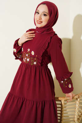 Yaka Fırfırlı Nakışlı Poplin Elbise Bordo - Elbise