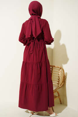 Yaka Fırfırlı Nakışlı Poplin Elbise Bordo - Elbise