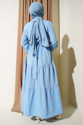 Yaka Fırfırlı Nakışlı Poplin Elbise Buz Mavisi - Elbise