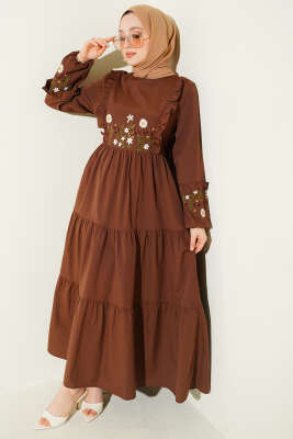 Yaka Fırfırlı Nakışlı Poplin Elbise Kahve - ASMİN