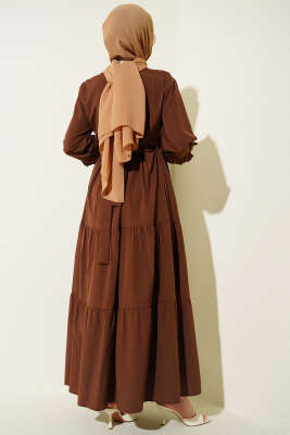 Yaka Fırfırlı Nakışlı Poplin Elbise Kahve - Elbise