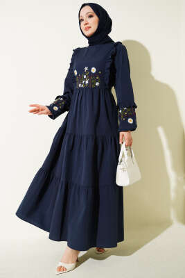 Yaka Fırfırlı Nakışlı Poplin Elbise Lacivert - ASMİN