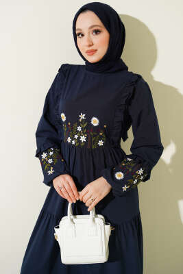 Yaka Fırfırlı Nakışlı Poplin Elbise Lacivert - Elbise