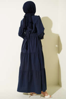 Yaka Fırfırlı Nakışlı Poplin Elbise Lacivert - Elbise