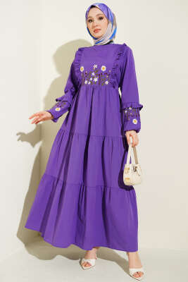 Yaka Fırfırlı Nakışlı Poplin Elbise Mor - ASMİN