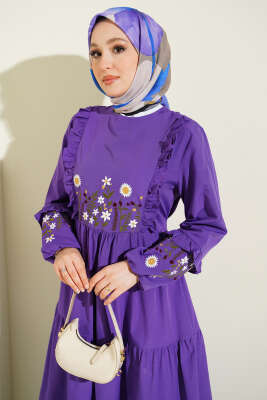Yaka Fırfırlı Nakışlı Poplin Elbise Mor - Elbise