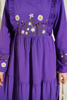 Yaka Fırfırlı Nakışlı Poplin Elbise Mor - Elbise