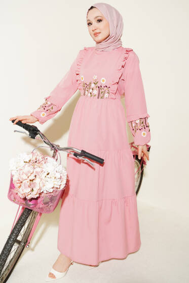 Yaka Fırfırlı Nakışlı Poplin Elbise Pudra - Elbise