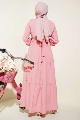 Yaka Fırfırlı Nakışlı Poplin Elbise Pudra - Elbise