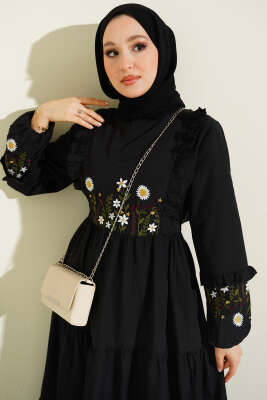 Yaka Fırfırlı Nakışlı Poplin Elbise Siyah - Elbise