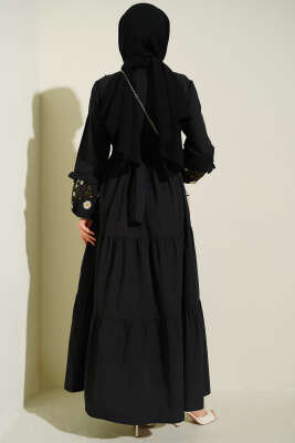 Yaka Fırfırlı Nakışlı Poplin Elbise Siyah - Elbise