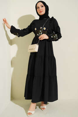 Yaka Fırfırlı Nakışlı Poplin Elbise Siyah - ASMİN