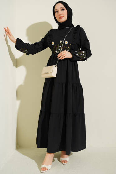 Yaka Fırfırlı Nakışlı Poplin Elbise Siyah - Elbise
