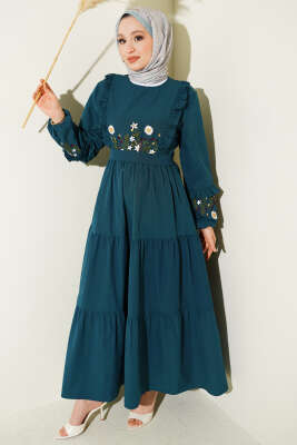 Yaka Fırfırlı Nakışlı Poplin Elbise Zümrüt - Elbise